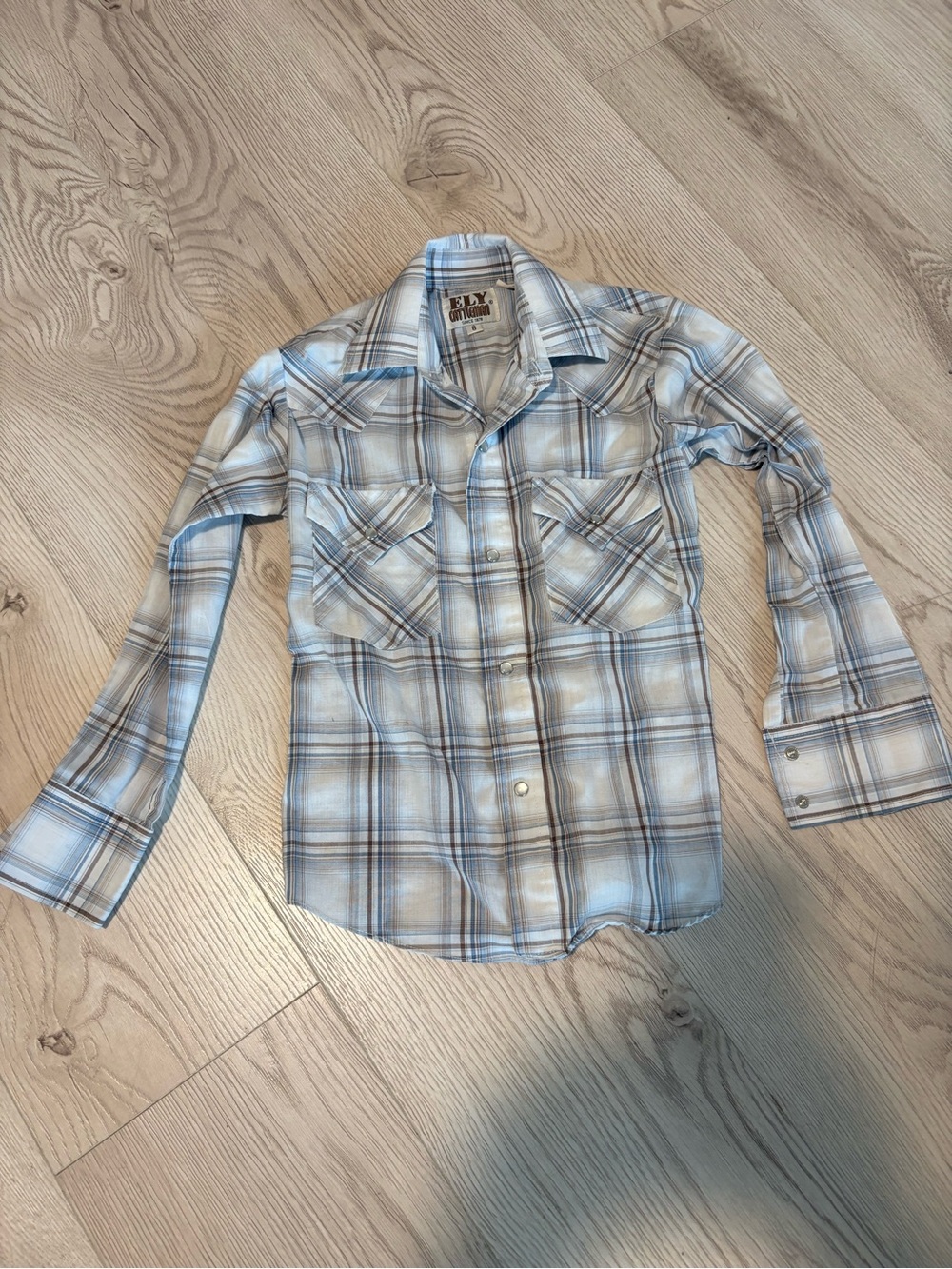 ELY Cattleman Western Kids Blue Plaid Pearl Snap Shirt size 8